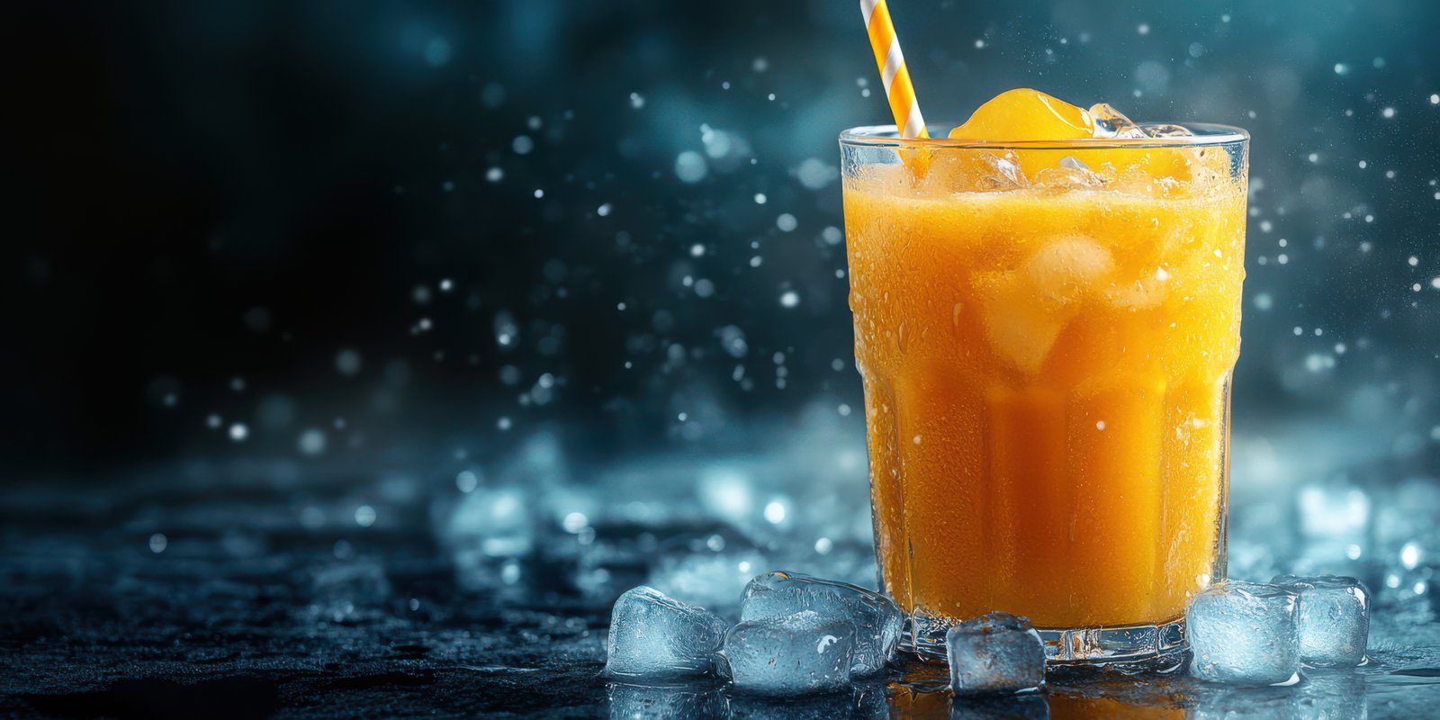 Refreshing orange drink garnished with ice and a striped straw captures summer vibes in a cozy setting